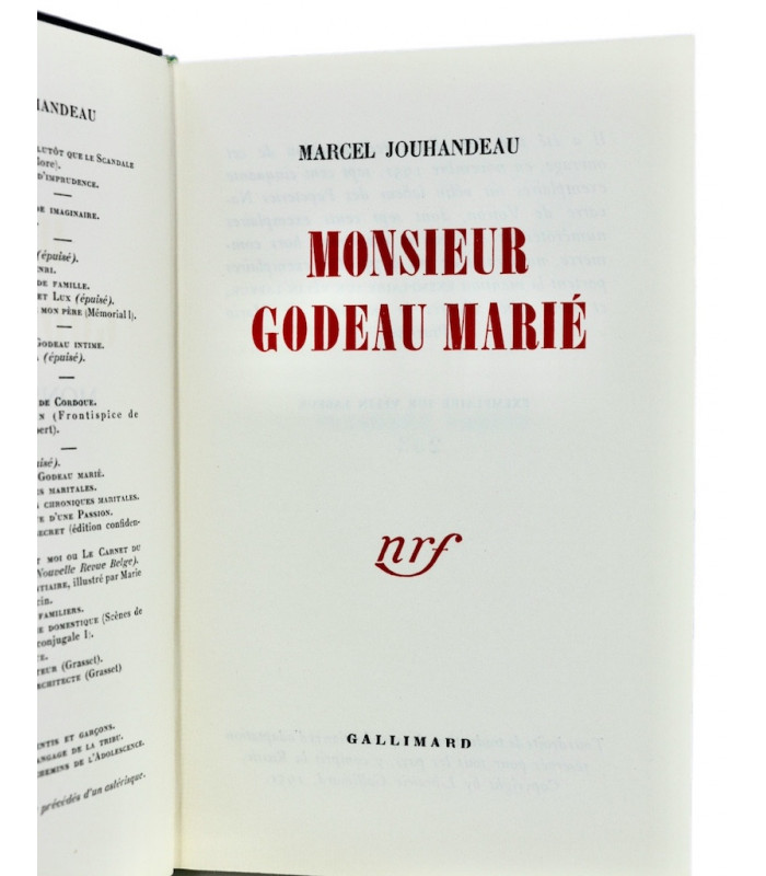 JOUHANDEAU (Marcel) - Monsieur Godeau marié - PRASSINOS (Mario)
