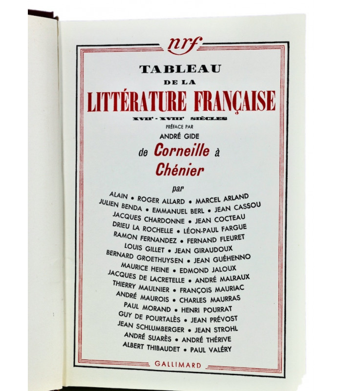 GIDE (André) - Tableau de la littérature française XVIIe-XVIIIe siècles de Corneille à Chénier