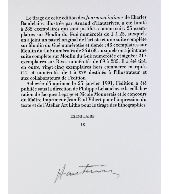 BAUDELAIRE (Charles) - Journaux Intimes - HAUTERIVES (Arnaud d')