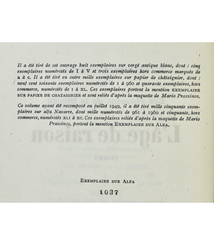 SARTRE (Jean-Paul) - L’Âge de raison - PRASSINOS (Mario)