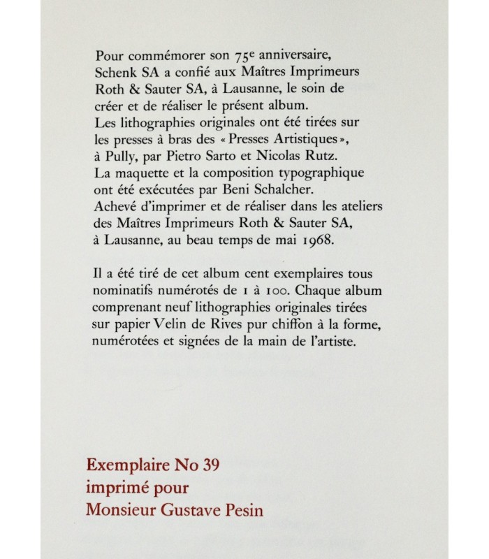 CHAMP (André) - En l’Honneur des 75 ans de Schenk SA. L’Année du vigneron - BERGER (Jaques). LECOULTRE (Jean). MEYSTRE (Charles)