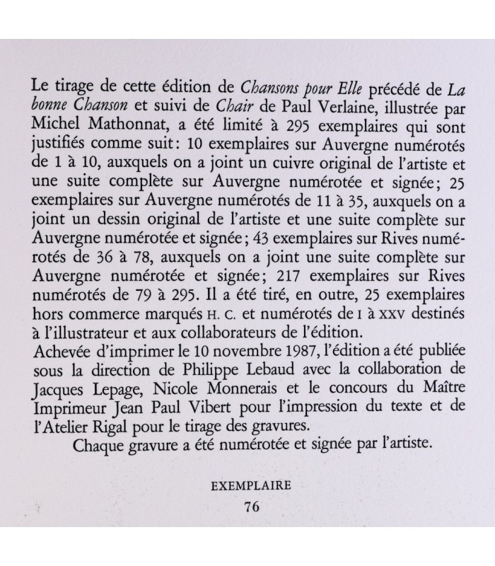 VERLAINE (Paul) - Chansons pour elle - MATHONNAT (Michel)
