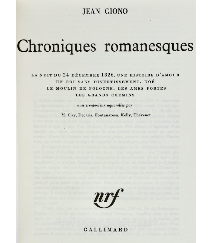 GIONO (Jean) - Chroniques romanesques - BONET (Paul)