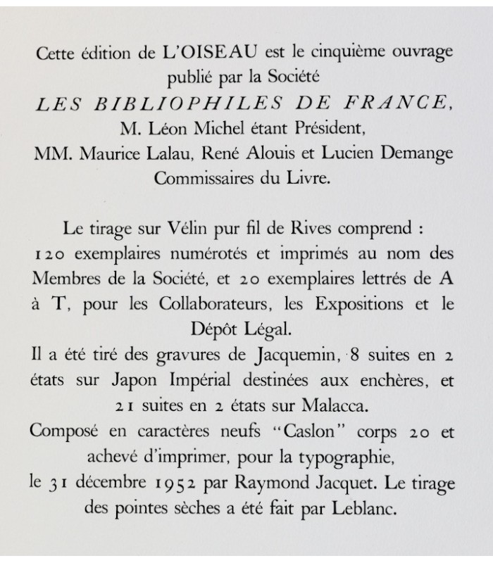 MICHELET (Jules) - L’Oiseau - JACQUEMIN (André)