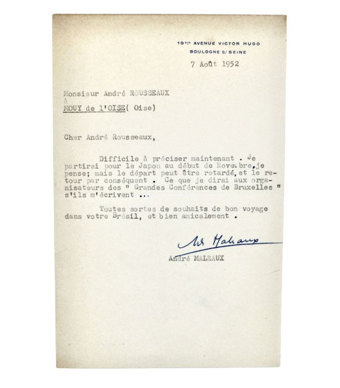 MALRAUX (André) - Ensemble de 5 lettres autographes, 2 lettres tapuscrites et une carte autographe signées