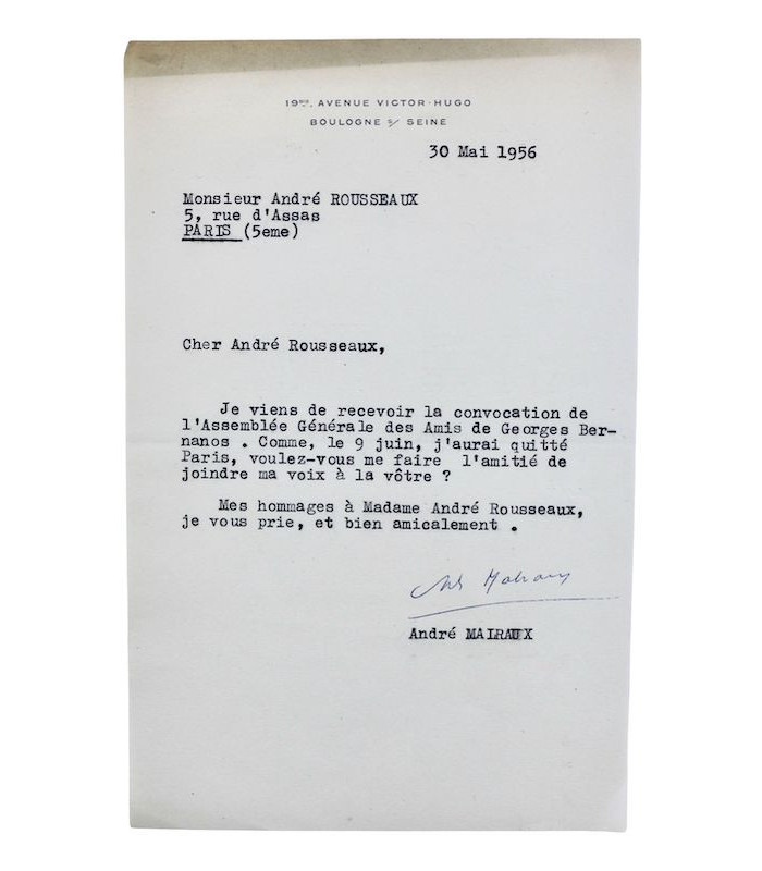 MALRAUX (André) - Ensemble de 5 lettres autographes, 2 lettres tapuscrites et une carte autographe signées