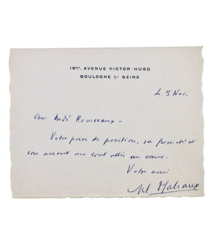 MALRAUX (André) - Ensemble de 5 lettres autographes, 2 lettres tapuscrites et une carte autographe signées