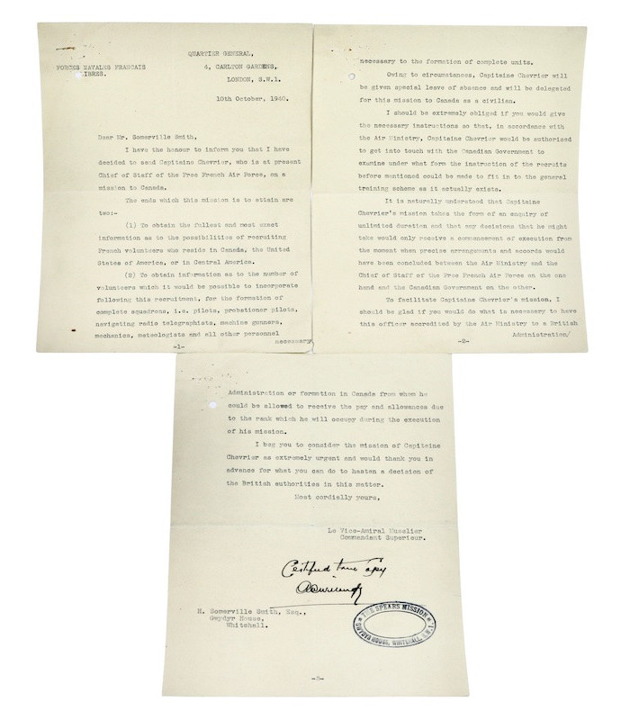 MUSELIER (Émile) - Ordre de mission pour le Capitaine Chevrier, Forces Aériennes Françaises Libres