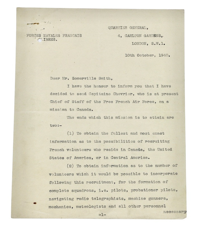 MUSELIER (Émile) - Ordre de mission pour le Capitaine Chevrier, Forces Aériennes Françaises Libres
