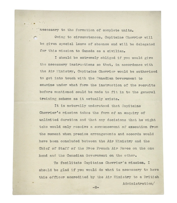 MUSELIER (Émile) - Ordre de mission pour le Capitaine Chevrier, Forces Aériennes Françaises Libres