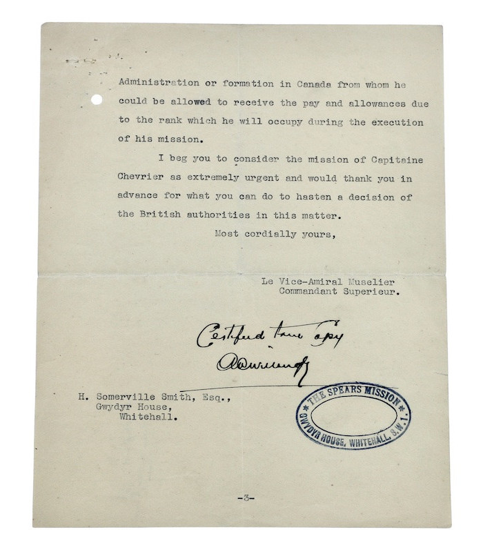 MUSELIER (Émile) - Ordre de mission pour le Capitaine Chevrier, Forces Aériennes Françaises Libres