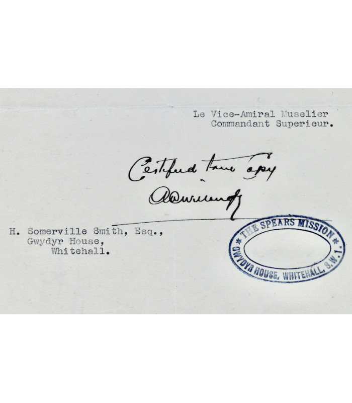 MUSELIER (Émile) - Ordre de mission pour le Capitaine Chevrier, Forces Aériennes Françaises Libres