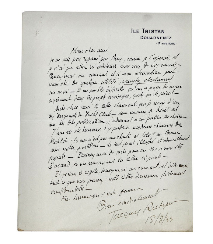 RICHEPIN (Jacques) - "J’aurais été heureux d'y publier [...] la mer n’est pas méchante [...] avec votre partition"