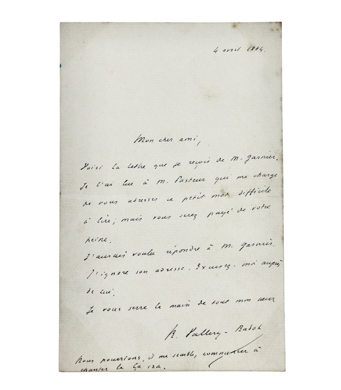 VALLERY-RADOT (René) - "Je l’ai lue à M. Pasteur qui me charge de vous adresser ce petit mot difficile à lire"
