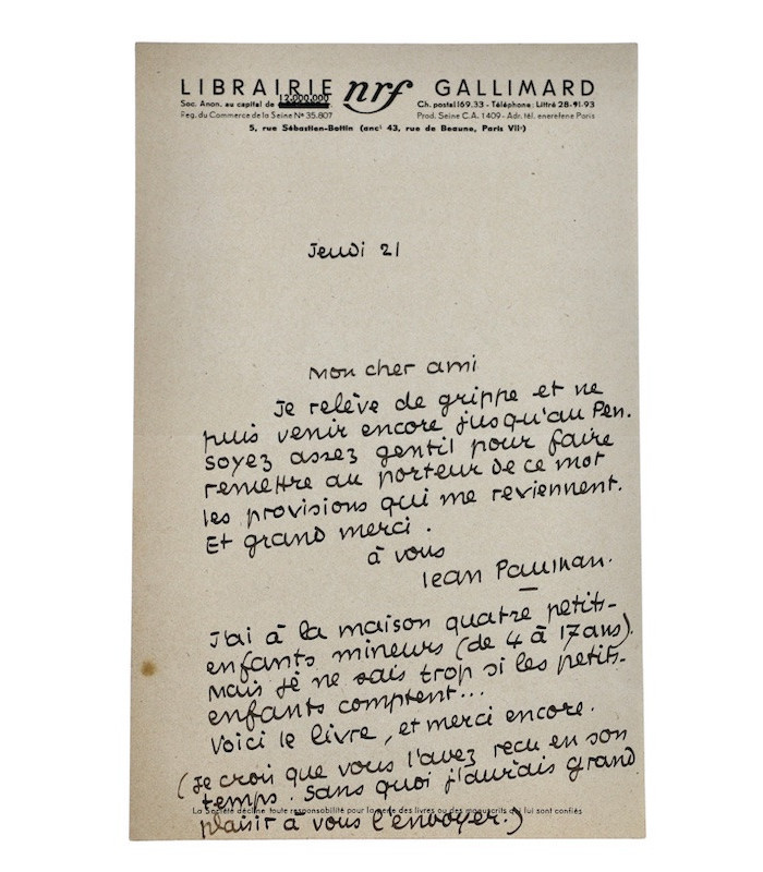 PAULHAN (Jean) - "Pour l'article d'Havel Ellis, j'en citerai quelques extraits dans la N.R.F."