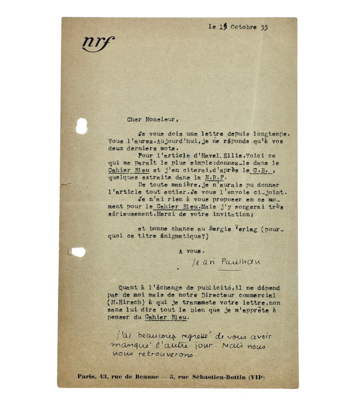 PAULHAN (Jean) - "Pour l'article d'Havel Ellis, j'en citerai quelques extraits dans la N.R.F."