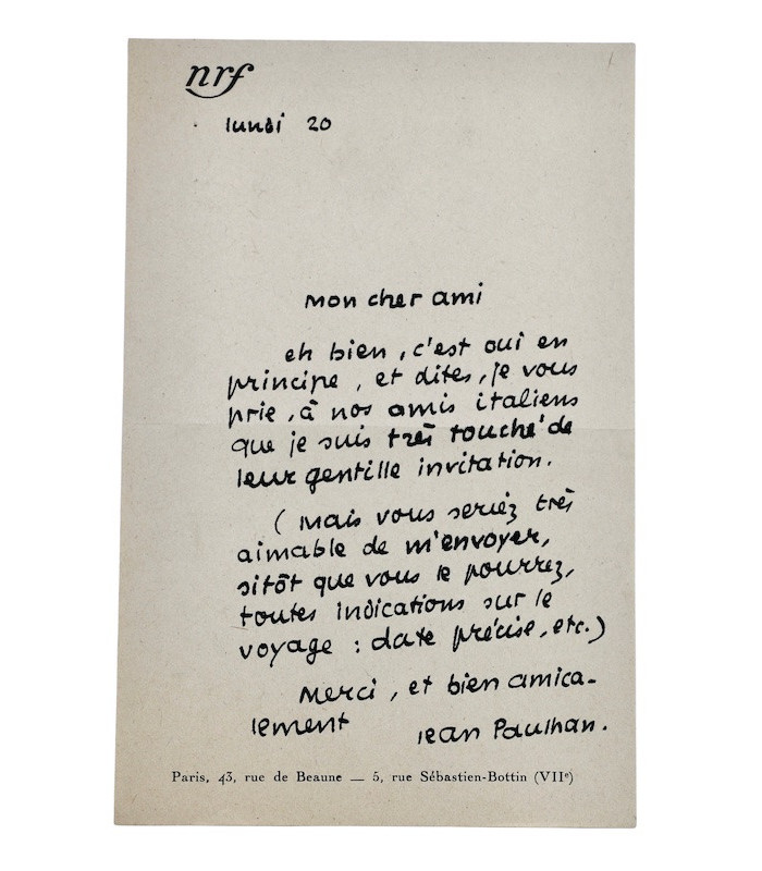 PAULHAN (Jean) - "Pour l'article d'Havel Ellis, j'en citerai quelques extraits dans la N.R.F."