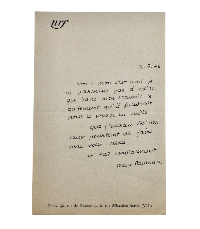 PAULHAN (Jean) - "Pour l'article d'Havel Ellis, j'en citerai quelques extraits dans la N.R.F."