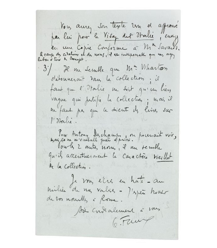 FAURE (Gabriel) - "Il me semble que Mme Wharton détonnerait dans la collection"