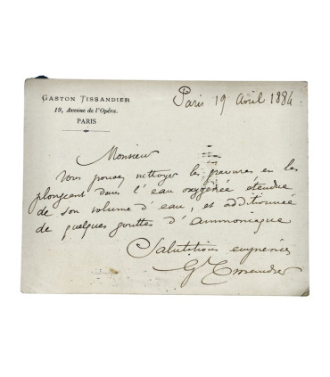 TISSANDIER (Gaston) - "Vous pouvez nettoyer les gravures en les plongeant dans l’eau oxygénée"