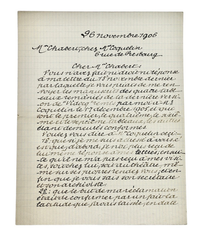 BERGERAT (Émile) - "Je tiens à ce que l’on ne publie rien sur Vidocq en ce moment. J’ai des raisons très sérieuses"