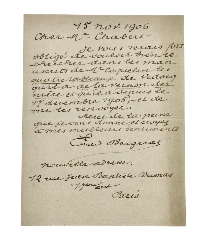 BERGERAT (Émile) - "Je tiens à ce que l’on ne publie rien sur Vidocq en ce moment. J’ai des raisons très sérieuses"