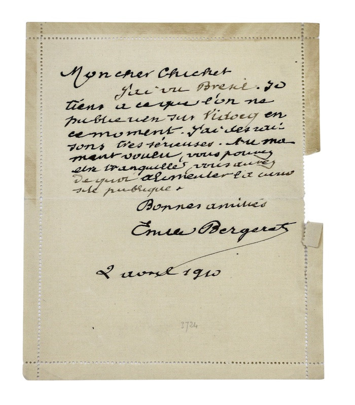 BERGERAT (Émile) - "Je tiens à ce que l’on ne publie rien sur Vidocq en ce moment. J’ai des raisons très sérieuses"