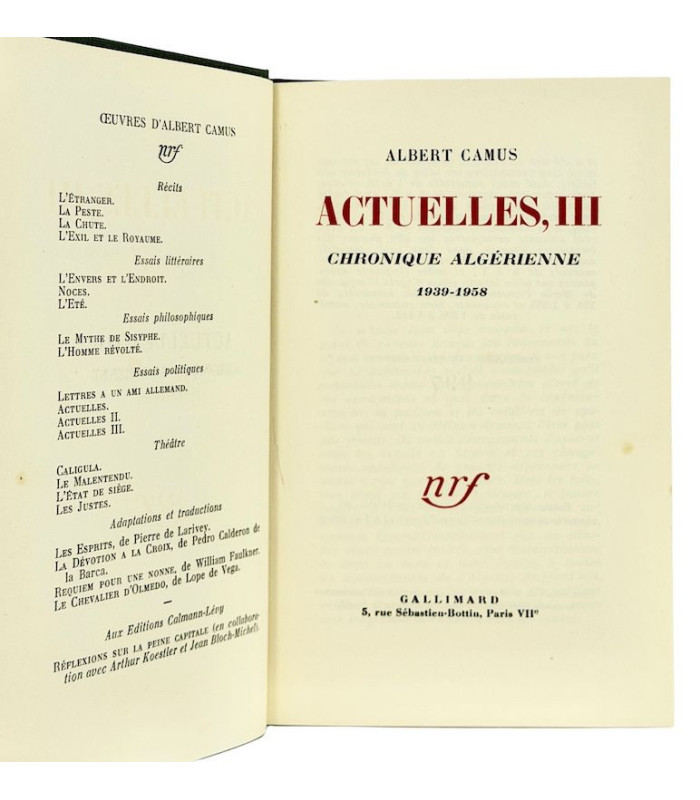 CAMUS (Albert) - Actuelles III, chronique algérienne 1939-1958 - PRASSINOS (Mario)