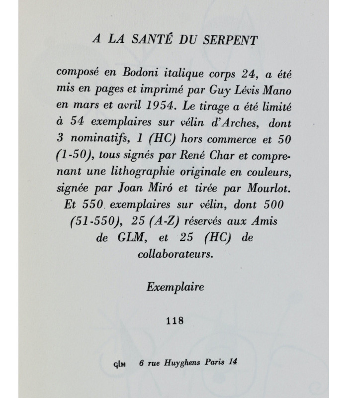 CHAR (René) - A la santé du serpent - MIRÓ (Joan)