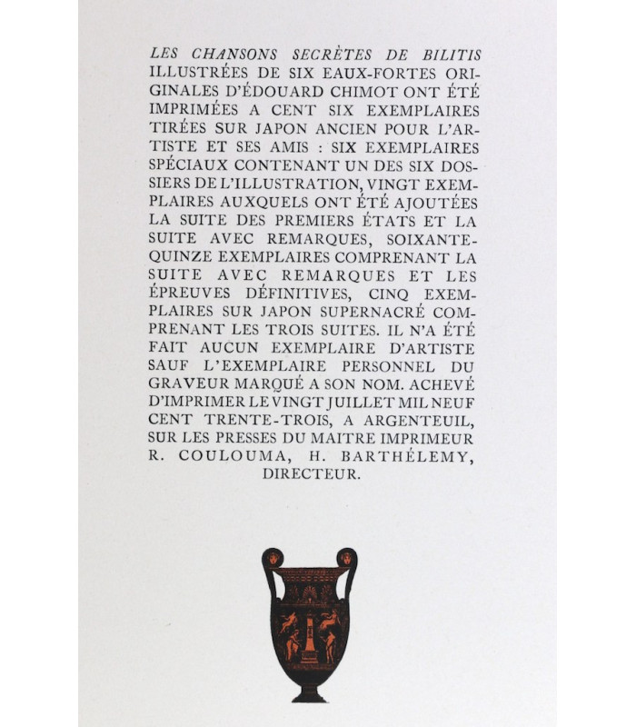 LOUŸS (Pierre) - Les Chansons secrètes de Bilitis - CHIMOT (Édouard)