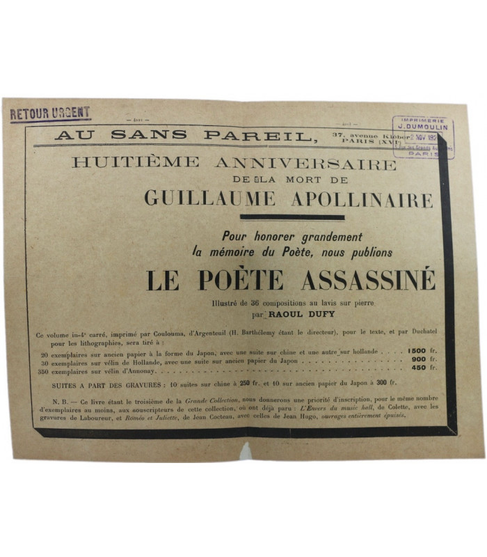 APOLLINAIRE (Guillaume) - Le Poète Assassiné - DUFY (Raoul)